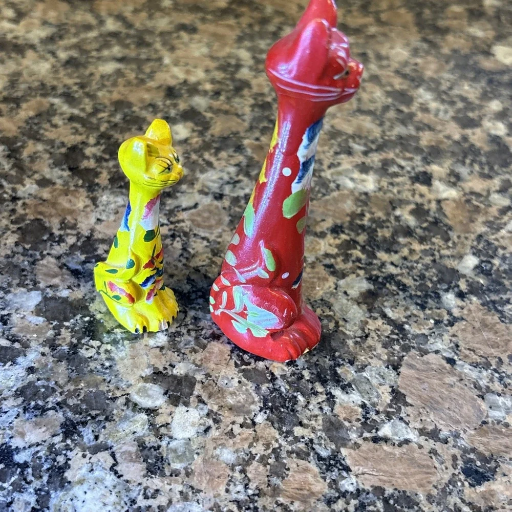 2 Vintage Long Necked Cat Figurines Hand Painted in Portugal Red Yellow Folk Art